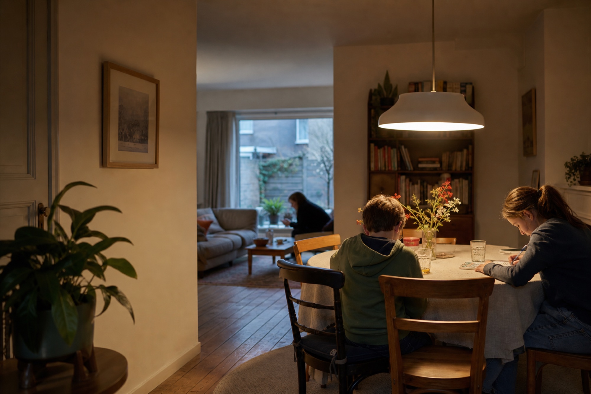 Een gewone gezinsruimte met warm, bruikbaar licht boven de eettafel.