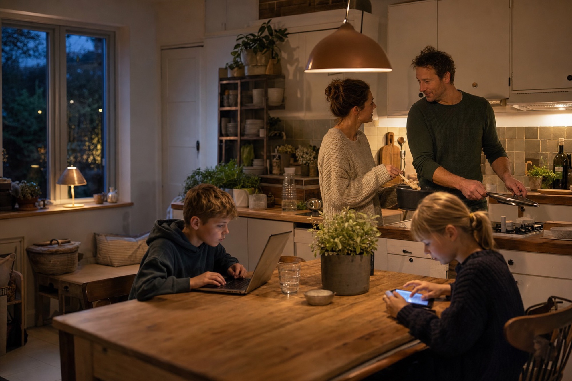 Een gezin in een gewone, warm verlichte keuken: de ouders koken en praten terwijl de kinderen hun laptop en tablet gebruiken.